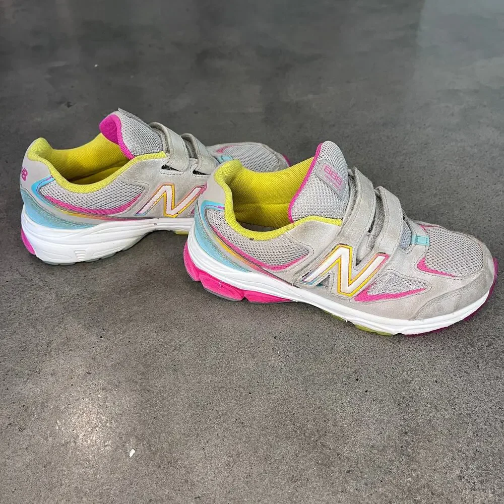 New Balance Gray pink yellow suede no lace sneakers Youth girls 2 athletic shoes